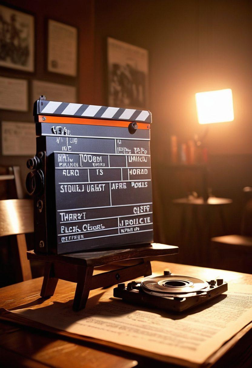 A cinematic scene blending a film screen and a script page, with shimmering film reels and a director's chair in the background. Emphasize rich colors and shadows for depth, showcasing a bustling film set atmosphere. Include elements like a vintage camera and film clapperboard to signify the transition from screen to script. A warm glow emanating from the screen highlighting the fusion of technology and storytelling. vibrant colors. 3D.