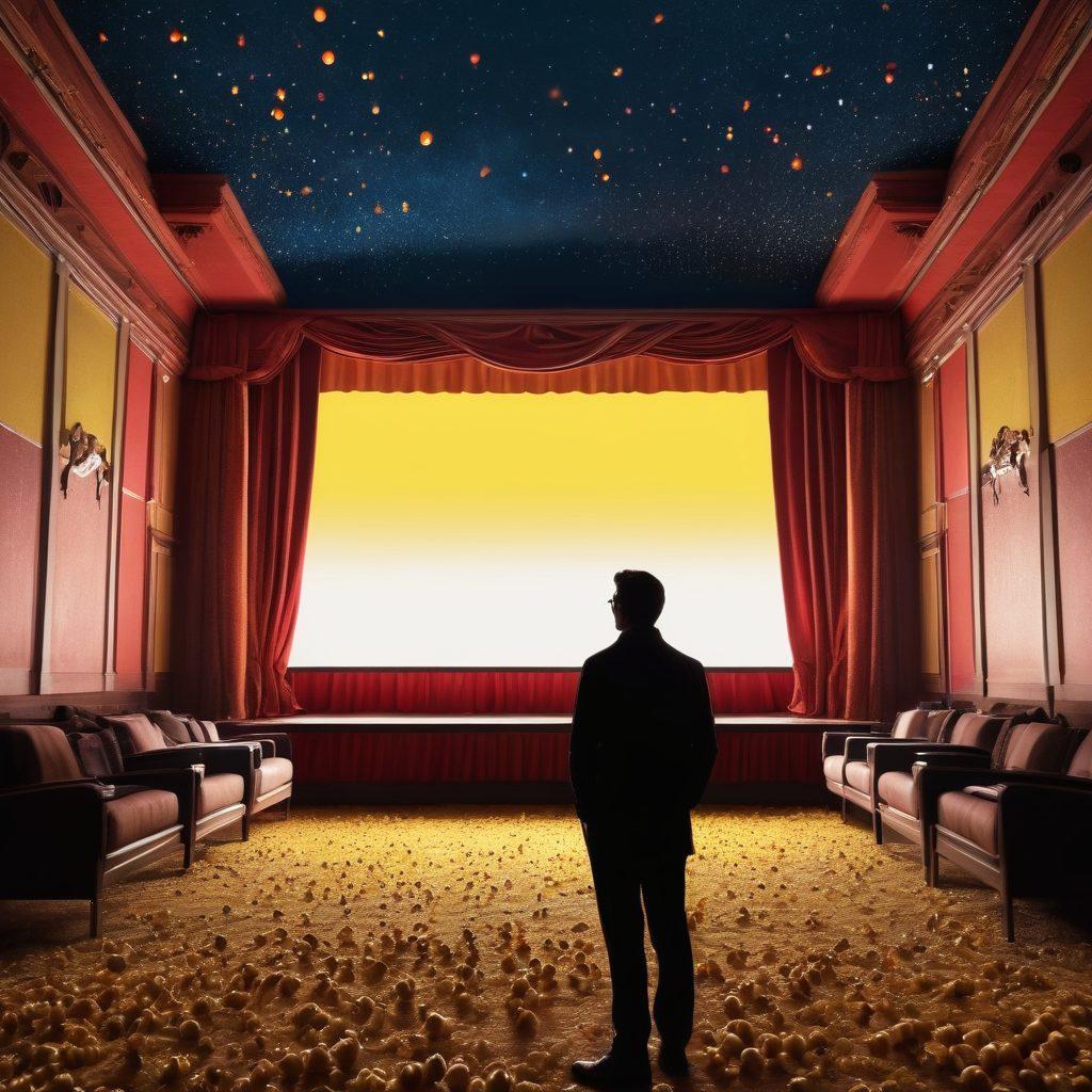 A vibrant collage of iconic movie scenes and film reels blending into a magical cinema atmosphere, featuring a silhouette of a film critic pondering thoughtfully in the foreground, popcorn flying around symbolizing excitement and drama. The background includes a vintage movie theater marquee glowing, with colorful spotlights illuminating the night sky. A color palette that alternates between rich reds, deep blues, and bright yellows for a cinematic feel. super-realistic. vibrant colors. 3D.