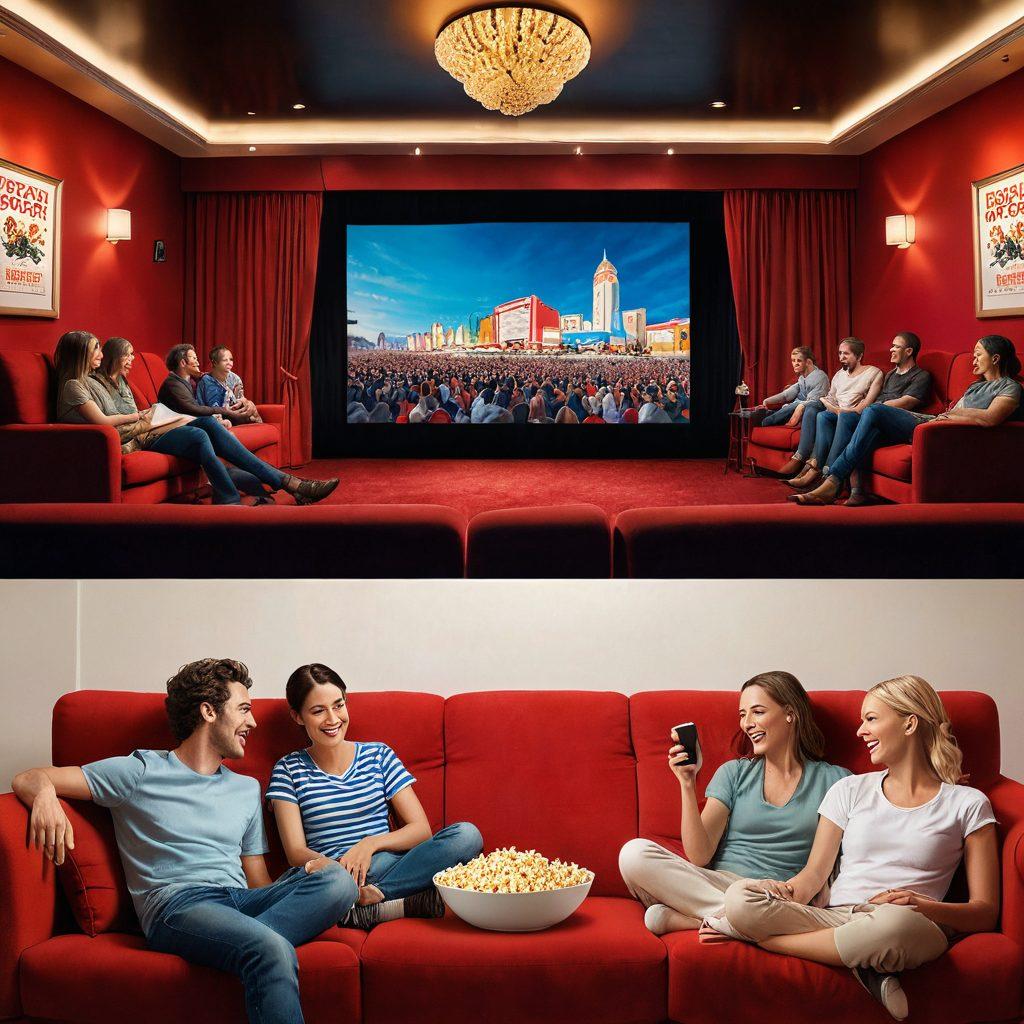 A dynamic split-scene image featuring a bustling film festival with red carpets, eager crowds, and celebrity interactions on one side, contrasted with a cozy home environment showcasing a family enjoying streaming movies on a large screen with popcorn and smiles on the other side. The film festival side brimming with bright lights and excitement, while the streaming side has warm, inviting colors and comfortable furniture. super-realistic. vibrant colors. cinematic blend.